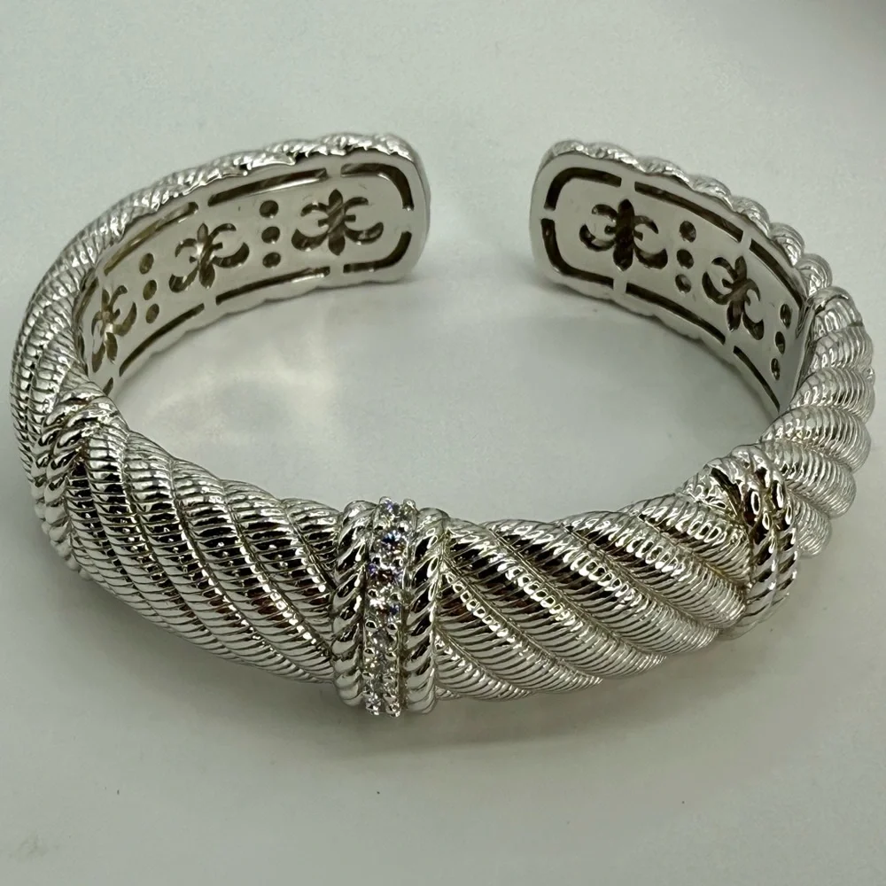 Vintage Judith Ripka Sterling Silver Cuff Bracelet with White Crystals 6.5”